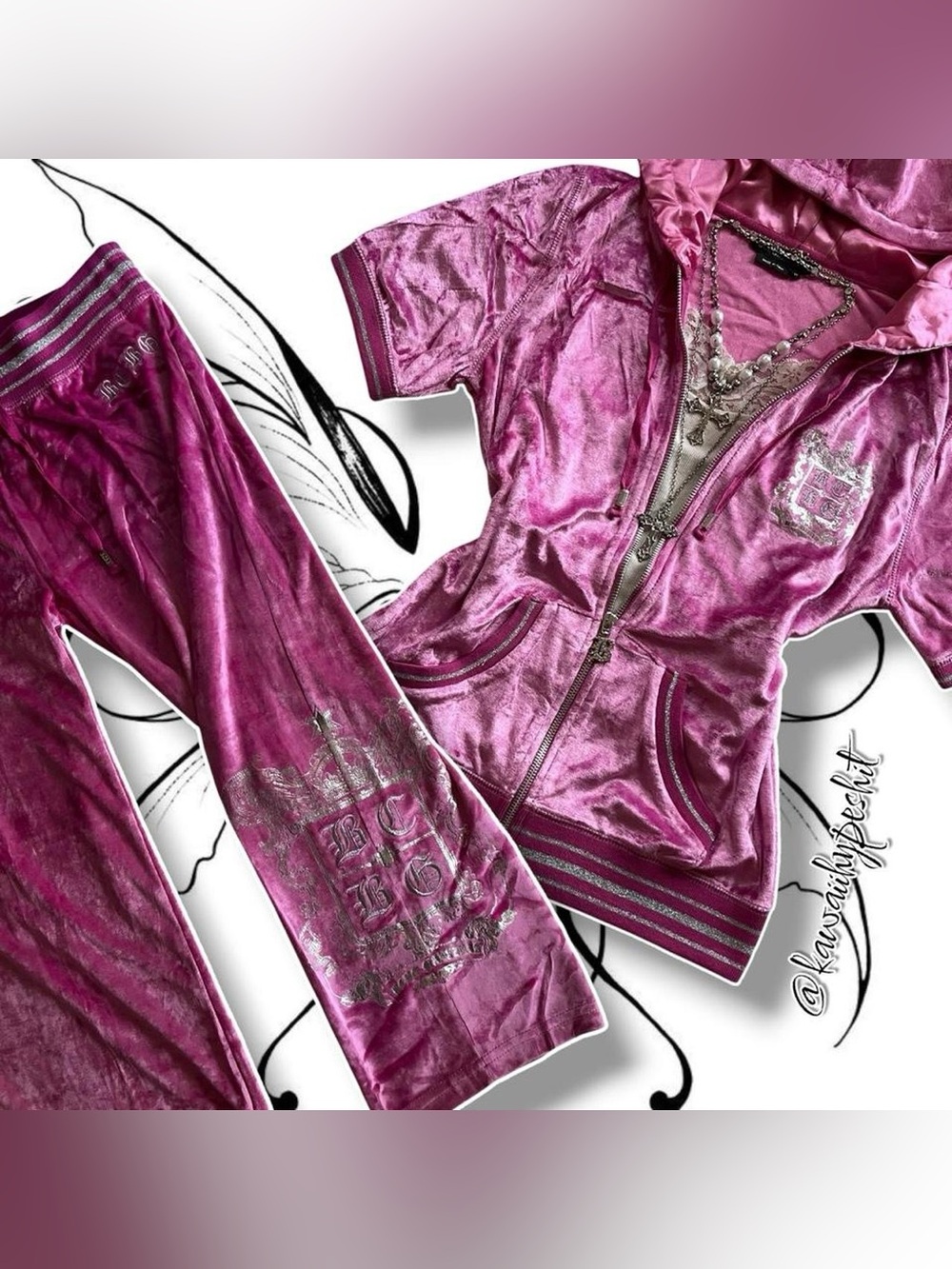 Vintage Y2K BCBG Velour Tracksuit "Hot Pink Purple w/ Silver Metallic Graphics”